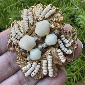 VTG Miriam‎ Haskell Flower Brooch 1 7/8" Seed Pearls Baroque Milk Glass Signed